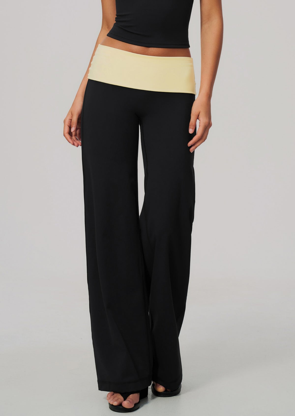 Women Colorblock Foldover Waist High-Rise Loose Wide Leg Yoga Pants