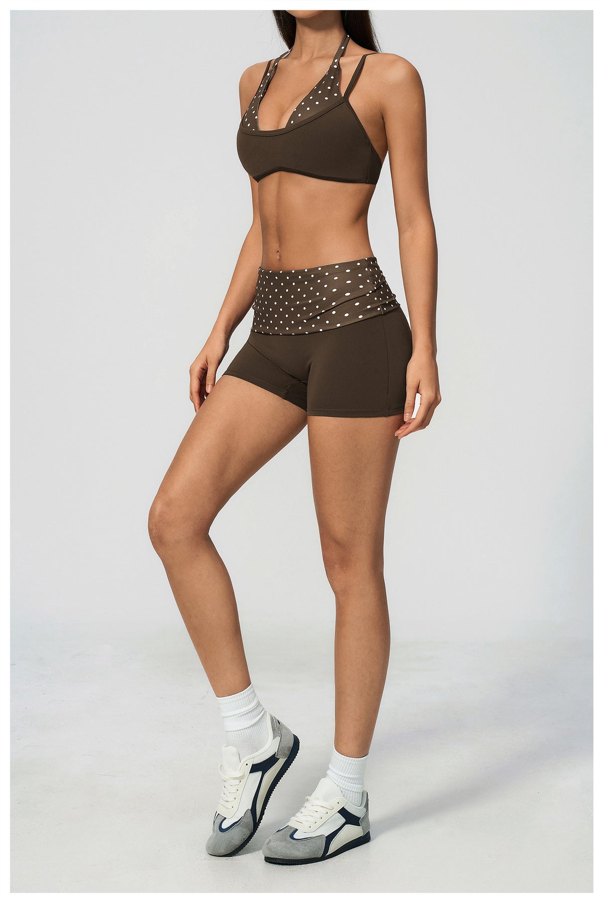 Women 2 Piece Yoga Set Halter Fake Two Piece Sports Bra and Fold Over Striped Waist Biker Shorts