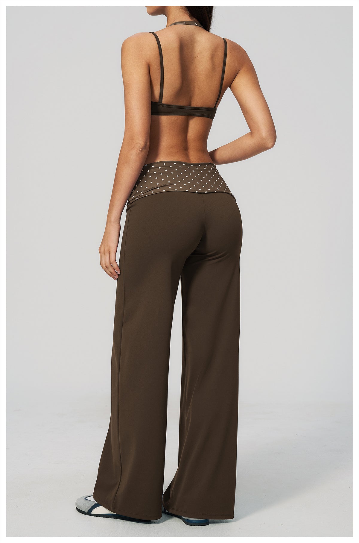 Women 2 Piece Yoga Set Halter Fake Two Piece Sports Bra and Fold Over Striped Waist Wide Leg Workout Pants