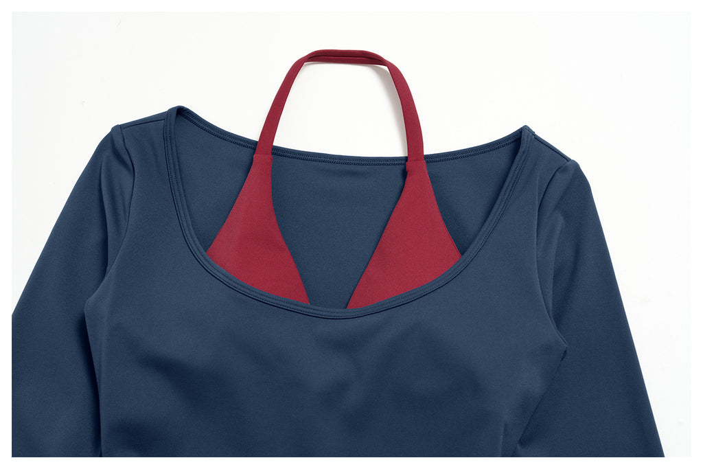 Women Colorblock Double Strap Halter Long Sleeve Cropped Fitness Yoga Top with Chest Pads