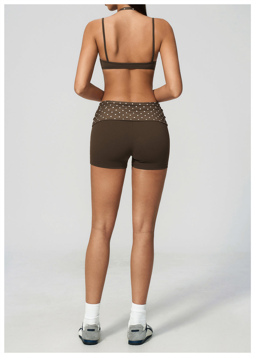 Women 2 Piece Yoga Set Halter Fake Two Piece Sports Bra and Fold Over Striped Waist Biker Shorts