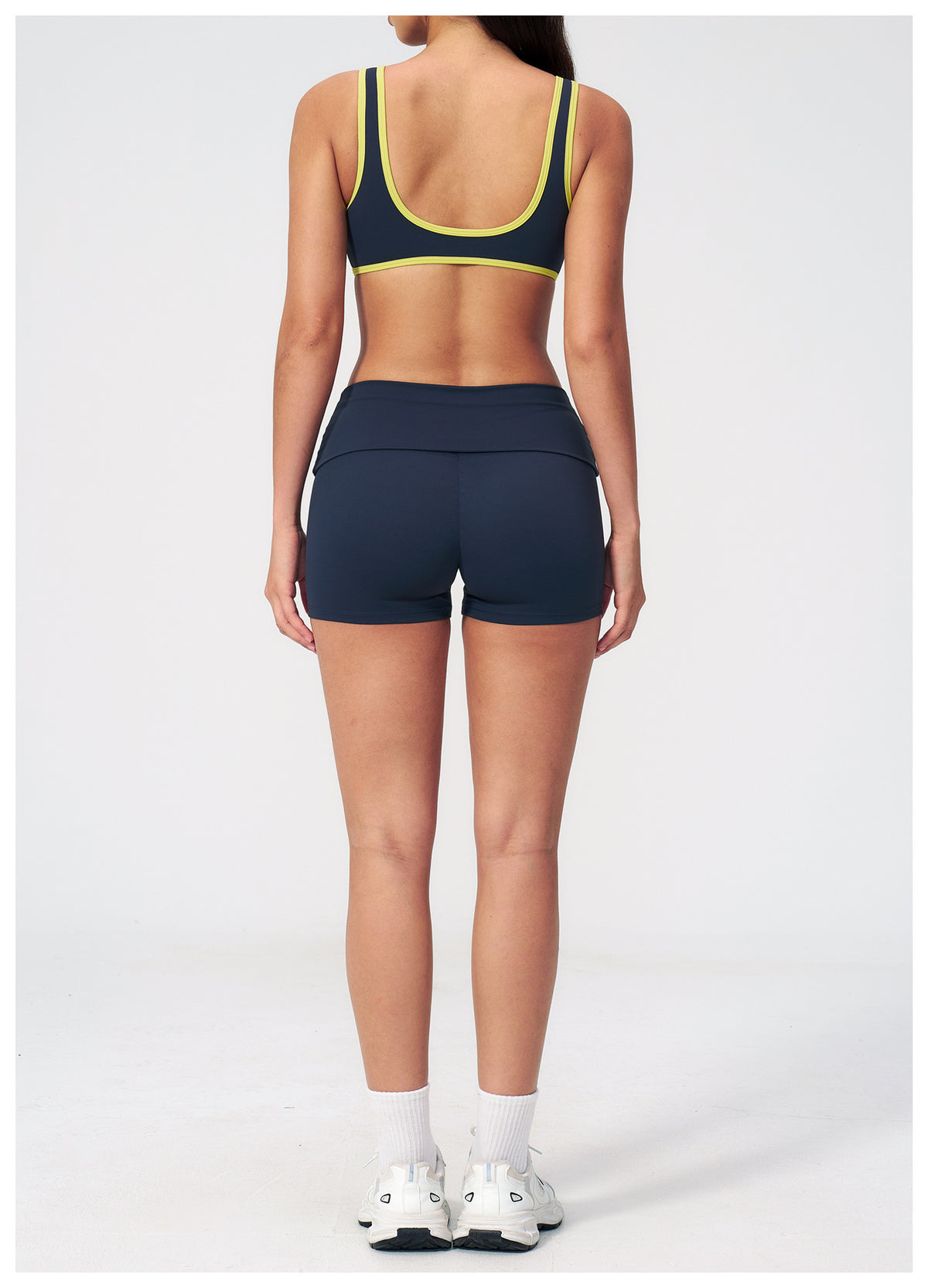 2 PCS Yoga Set Women Contrast Color V Neck Backless Sports Bra and Fold Over Waist Biker Shorts