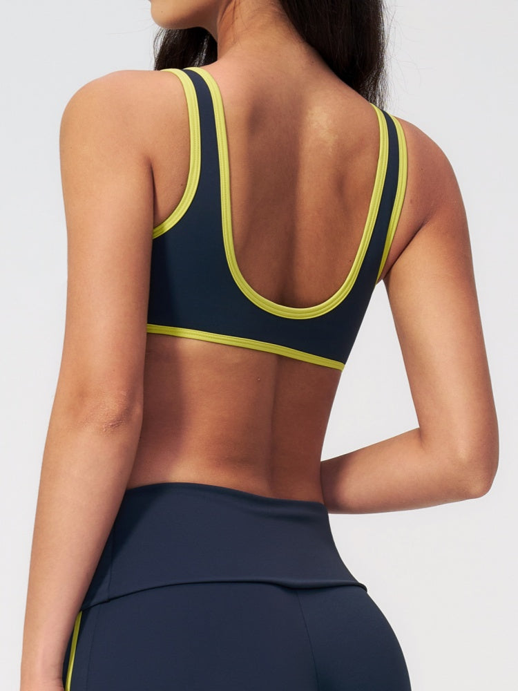 Women Contrast Color V Neck U Back Sports Bra