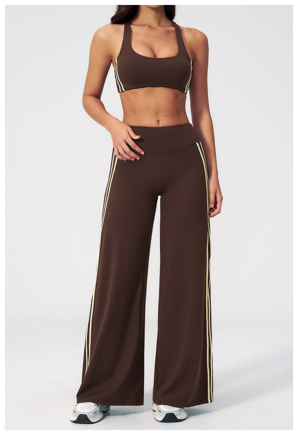 2 PCS Yoga Set Women Racerback High Support Sports Bra and Contrast Side Stripe Fitness Gym Wide Leg Pants