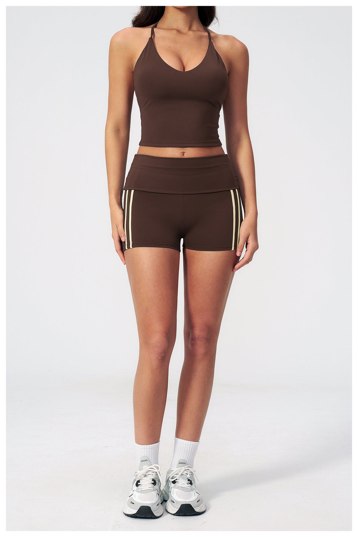 2 PCS Gym Set Women V Neck T-Back Halter Crop Yoga Vest and Fold Over Waist Running Shorts
