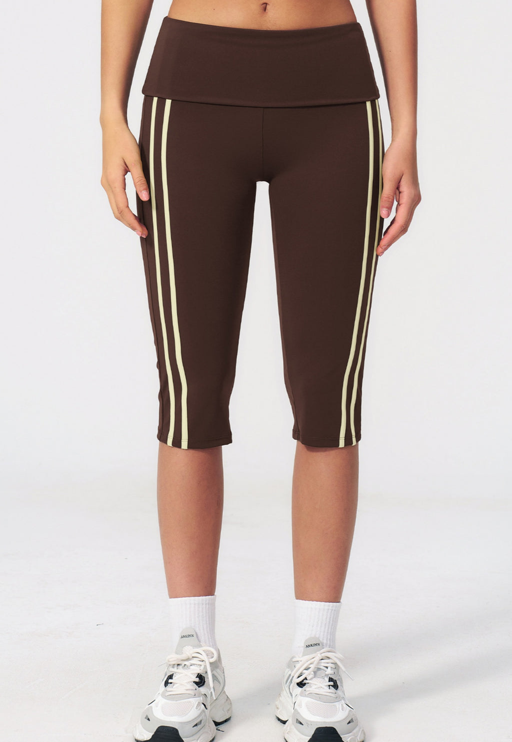 Women Fold Over Waist Contrast Side Stripe Capri Yoga Leggings