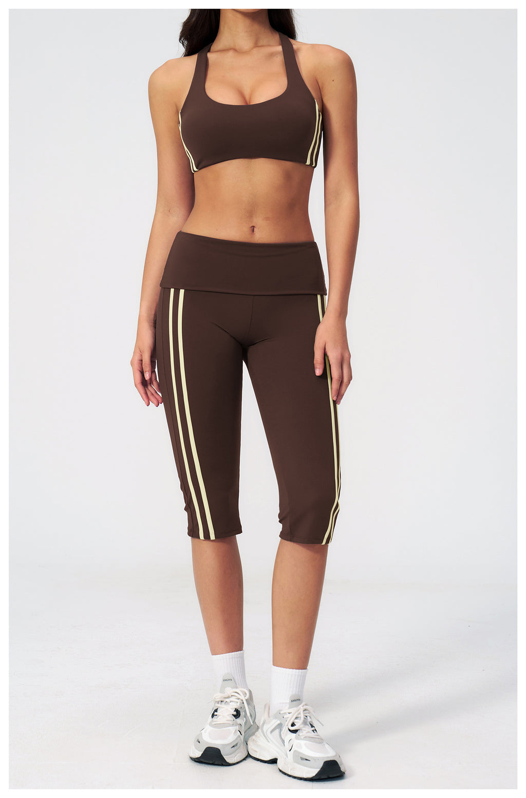 2 PCS Workout Set Women Racerback High Support Sports Bra and Fold Over Waist Capri Yoga Leggings