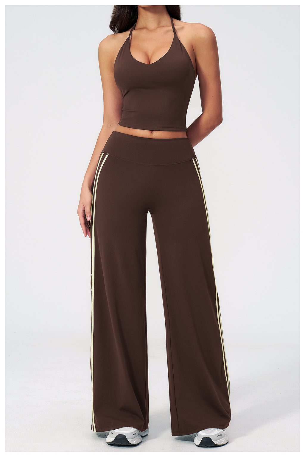 2 PCS Workout Set Women V Neck T-Back Halter Crop Tank Top and Contrast Side Stripe Fitness Sports Wide Leg Pants