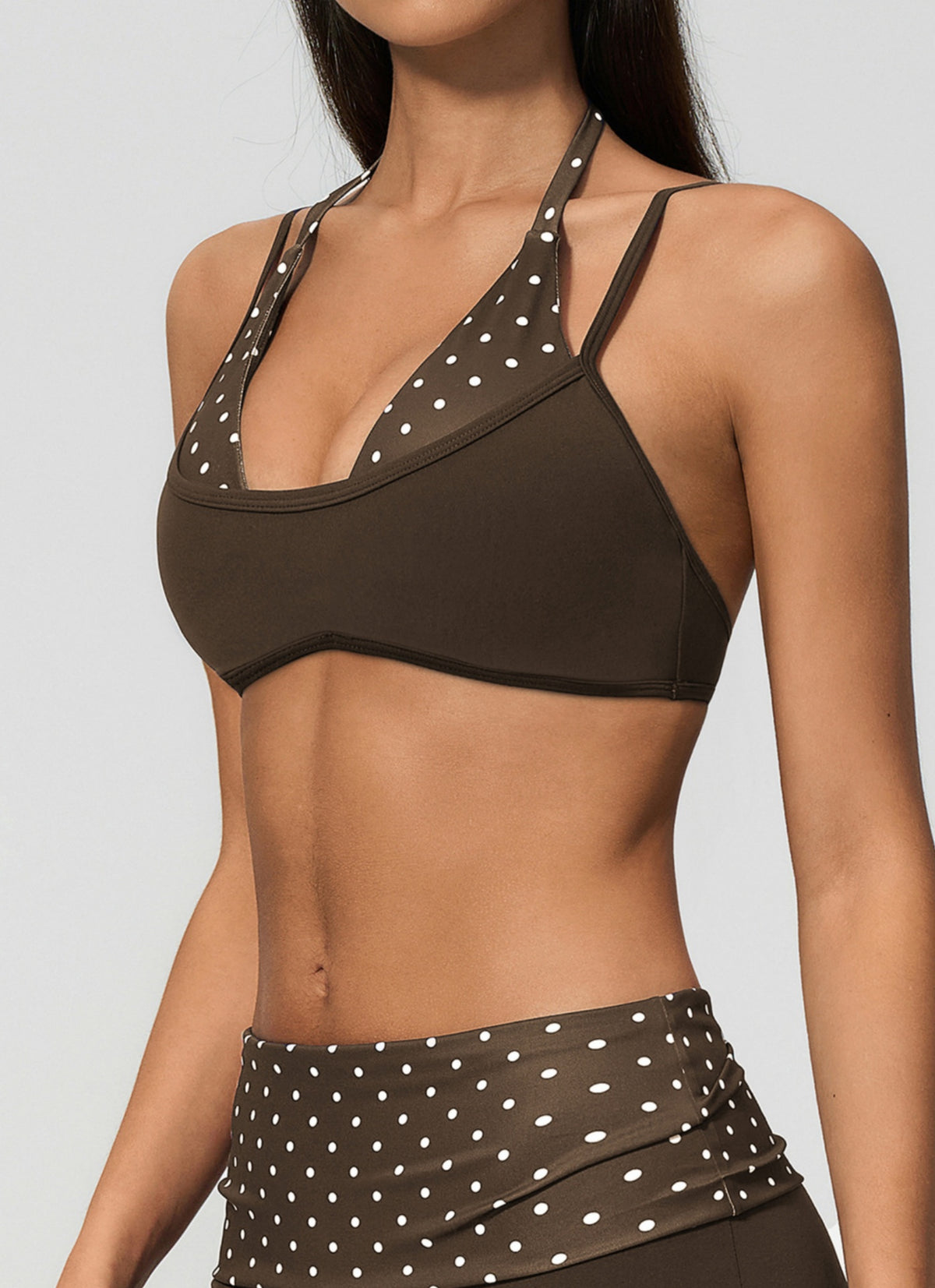 Women Halter Fake Two Piece Sports Bra Striped Print Thin Strap High Support Yoga Bra