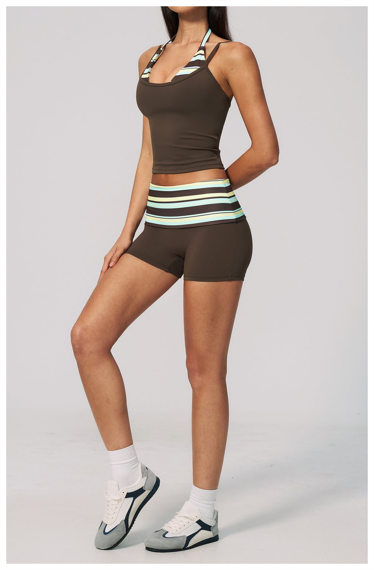 Women 2 Piece Yoga Set Halter Fake Two Piece Yoga Vest and Fold Over Striped Waist Biker Shorts