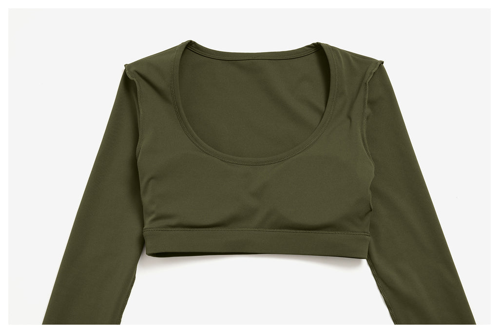 2 Piece Set Women U Neck Long Sleeve Short Workout Top with Removable Padded and High Waist Loose Casual Sports Wide Leg Pants