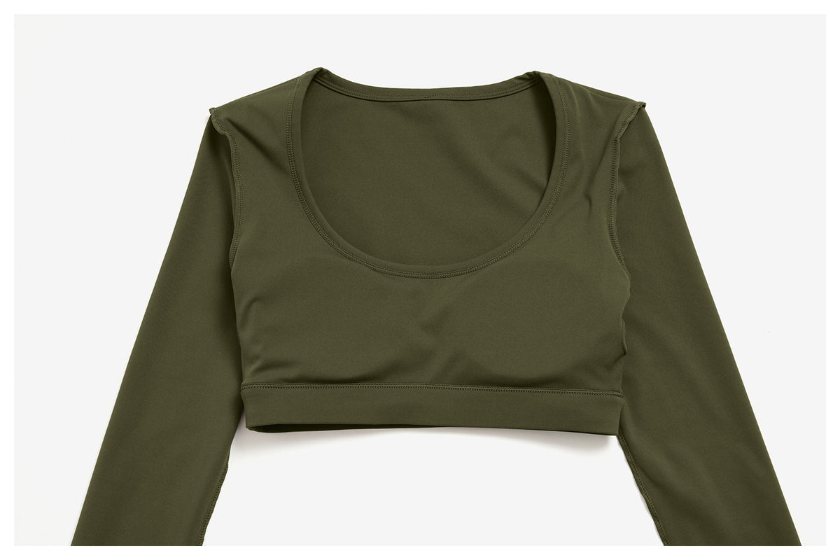 2 Piece Set Women U Neck Long Sleeve Short Workout Top with Removable Padded and High Waist Loose Casual Sports Wide Leg Pants