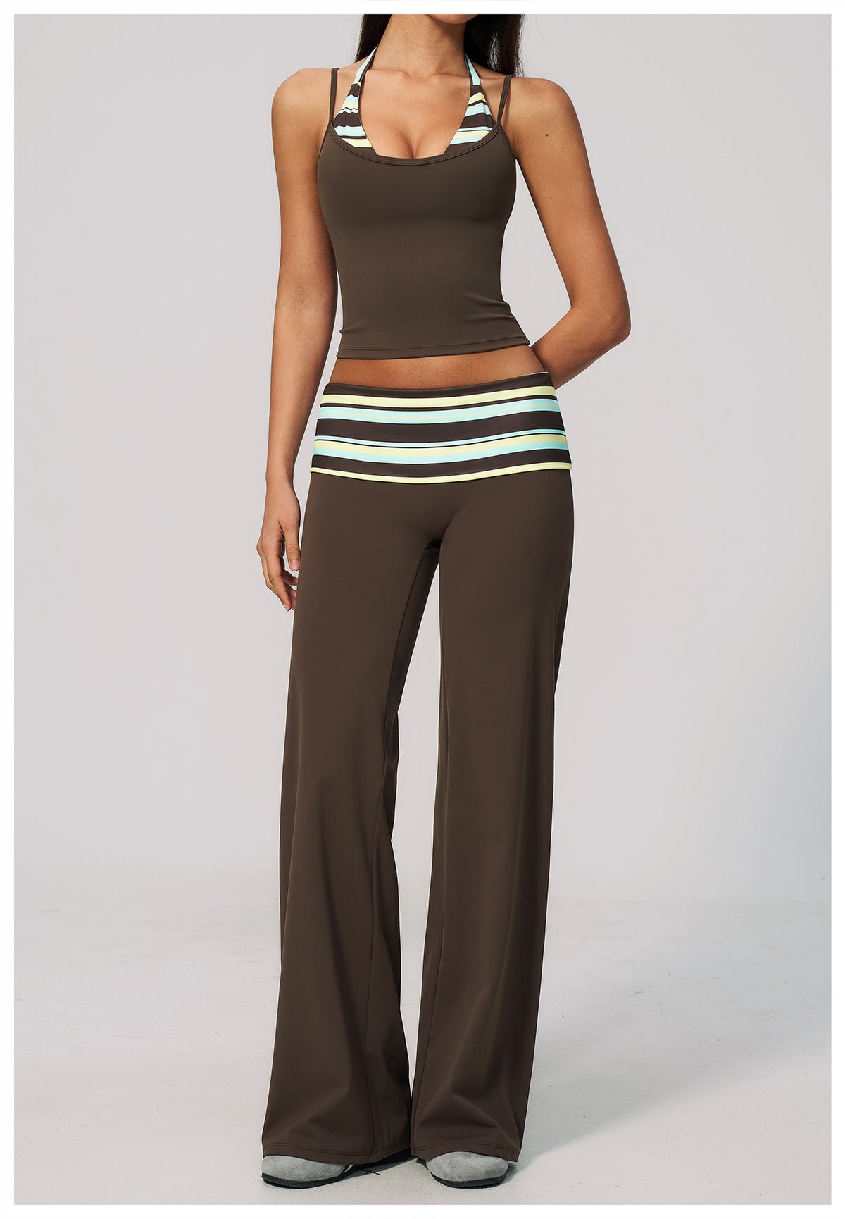 Women 2 Piece Yoga Set Halter Fake Two Piece Yoga Vest and Fold Over Striped Waist Wide Leg Workout Pants