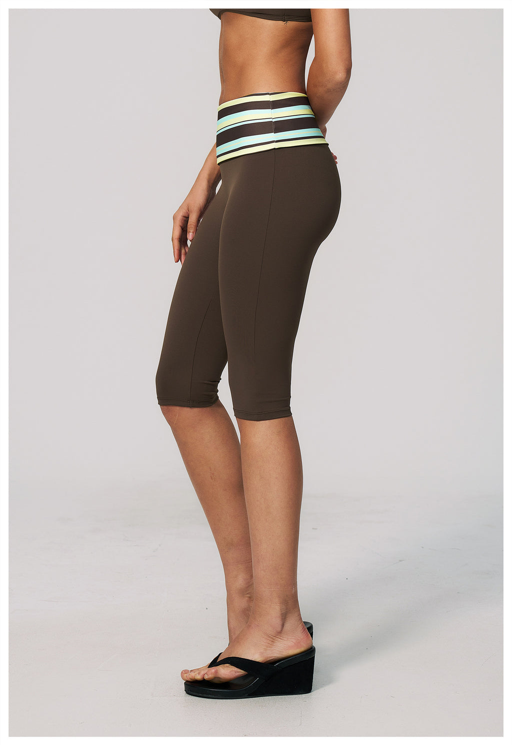 Women Fold Over Striped Waist Capri Yoga Pants High Waist Workout Capris Leggings