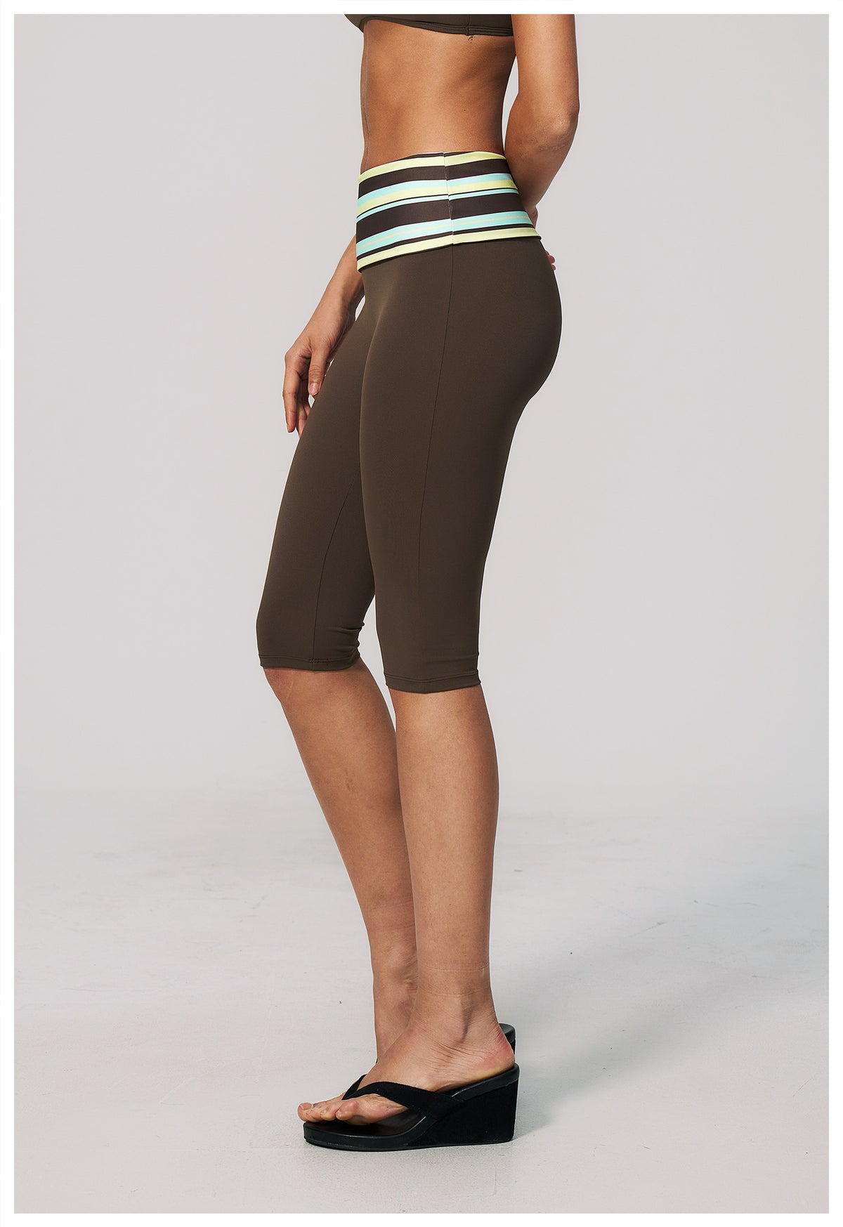Women Fold Over Striped Waist Capri Yoga Pants High Waist Workout Capris Leggings