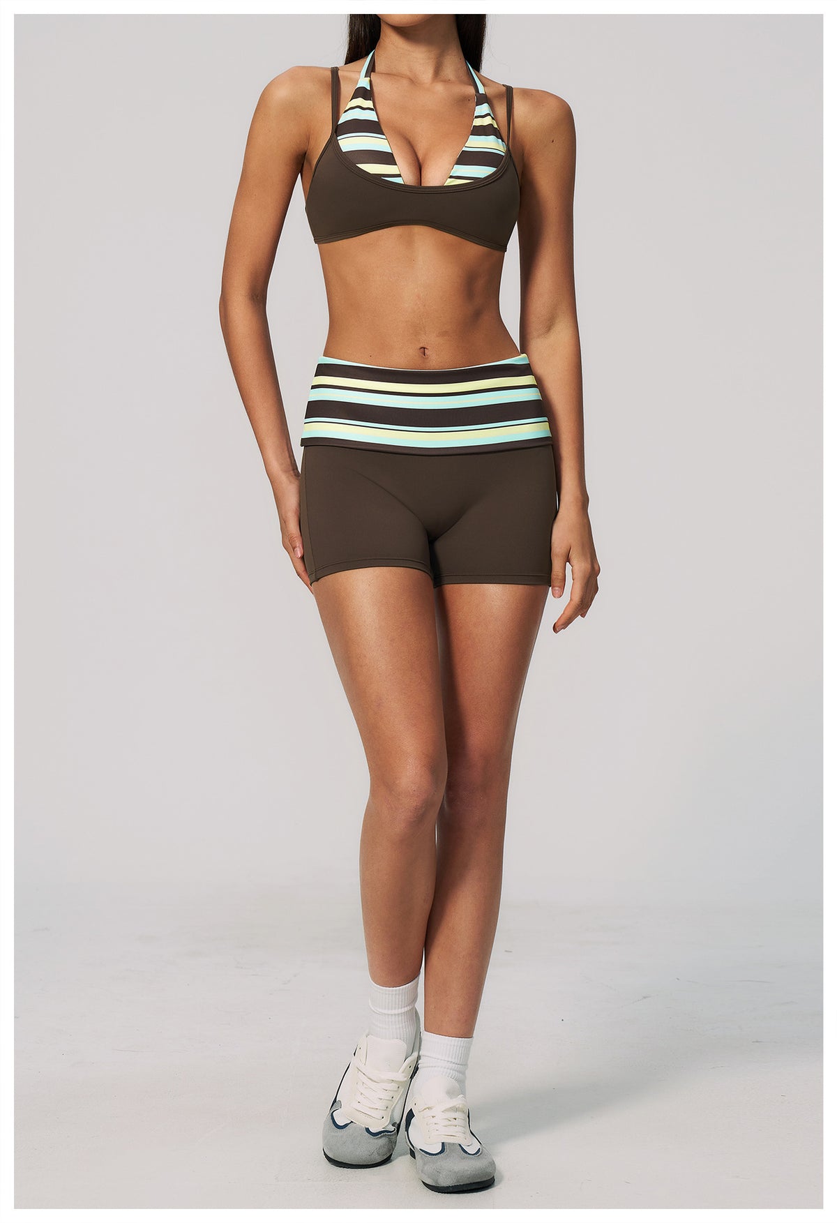 Women 2 Piece Yoga Set Halter Fake Two Piece Sports Bra and Fold Over Striped Waist Biker Shorts