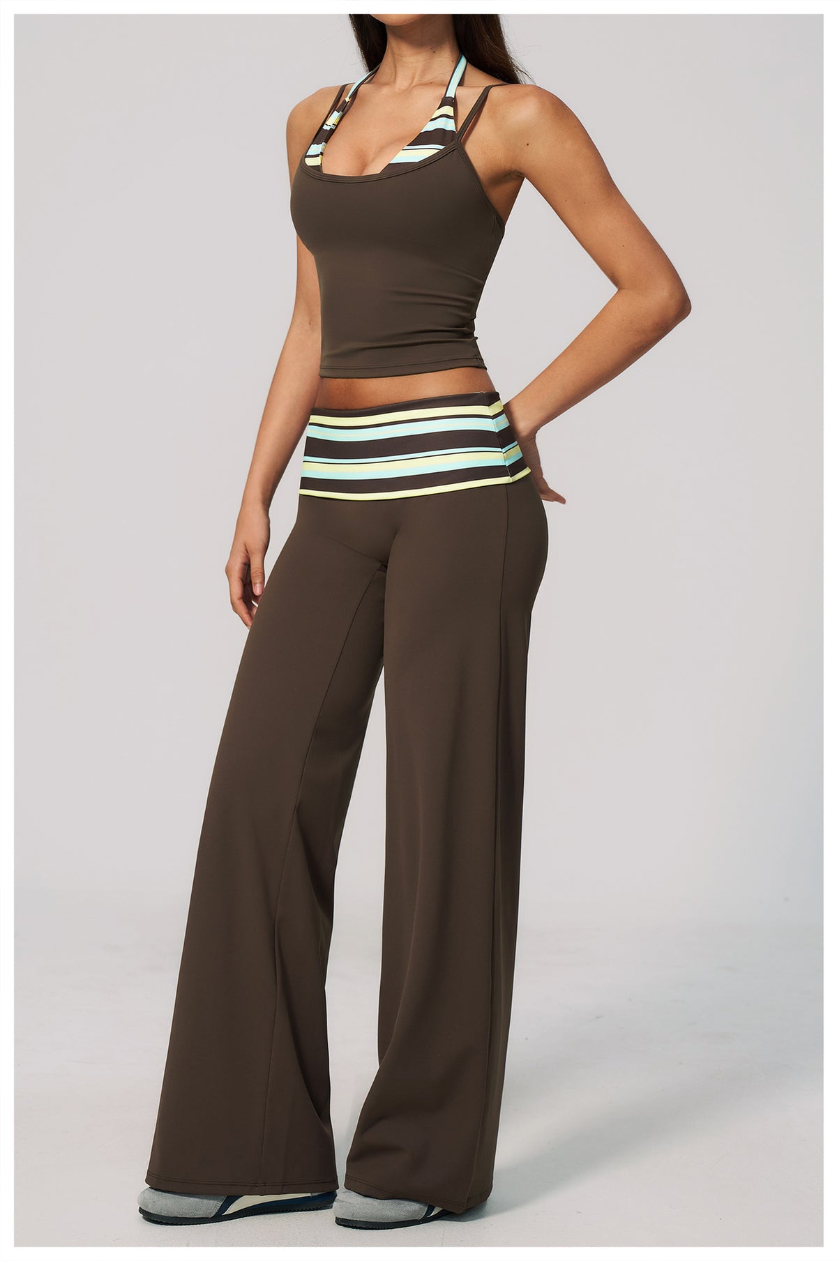 Women 2 Piece Yoga Set Halter Fake Two Piece Yoga Vest and Fold Over Striped Waist Wide Leg Workout Pants
