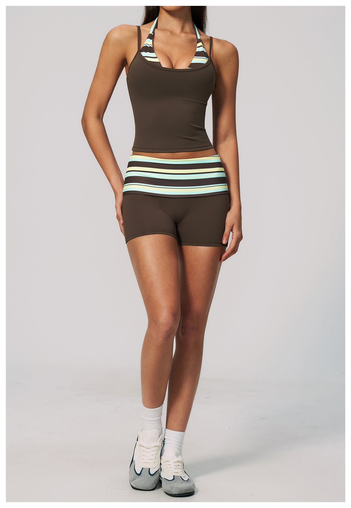 Women 2 Piece Yoga Set Halter Fake Two Piece Yoga Vest and Fold Over Striped Waist Biker Shorts