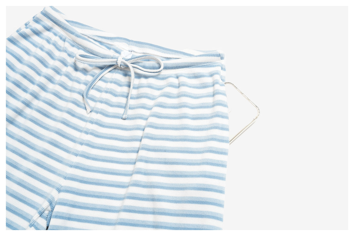 Women Ribbed Striped Wide Leg Pants Elastic Drawstring Waist Casual Loose Trousers With Pockets