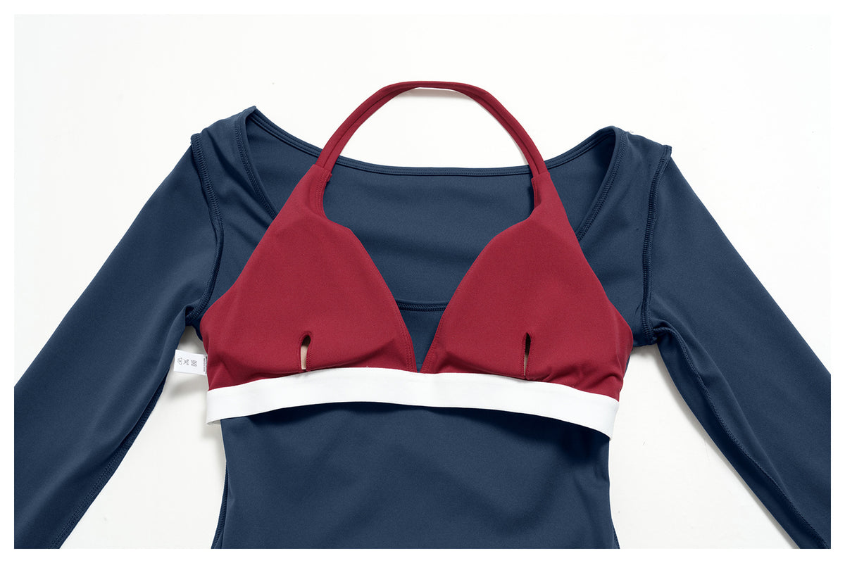 Women Colorblock Double Strap Halter Long Sleeve Cropped Fitness Yoga Top with Chest Pads
