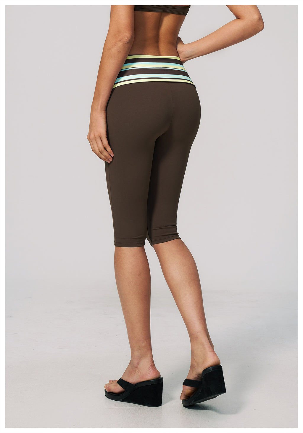Women Fold Over Striped Waist Capri Yoga Pants High Waist Workout Capris Leggings