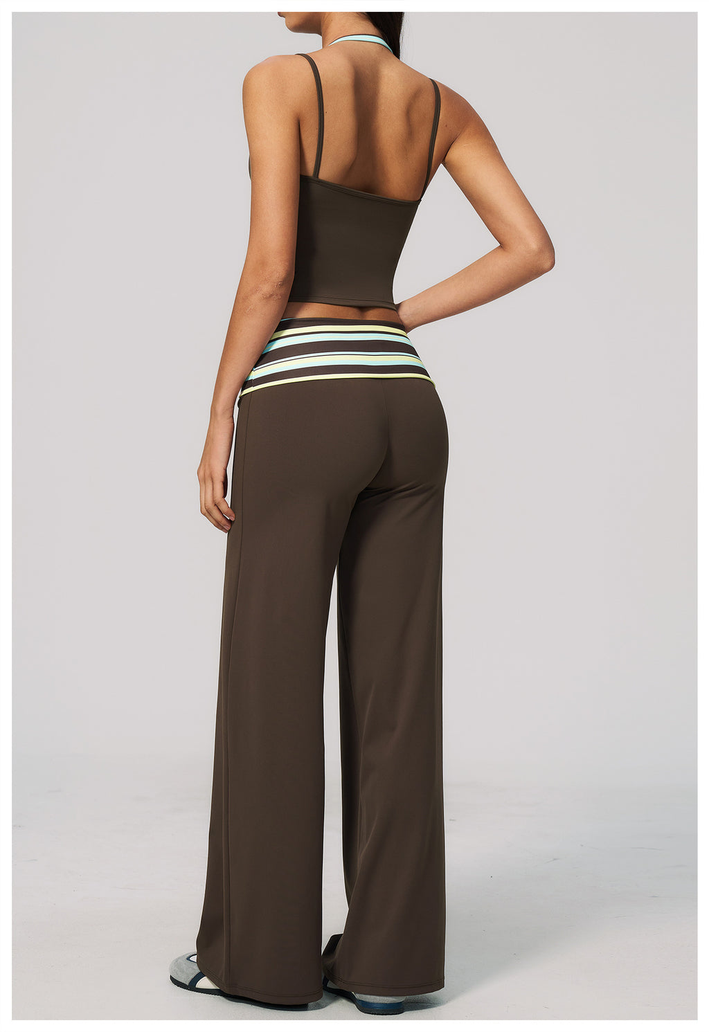 Women 2 Piece Yoga Set Halter Fake Two Piece Yoga Vest and Fold Over Striped Waist Wide Leg Workout Pants