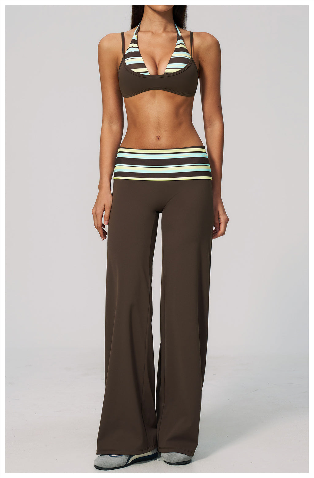 Women 2 Piece Yoga Set Halter Fake Two Piece Sports Bra and Fold Over Striped Waist Wide Leg Workout Pants