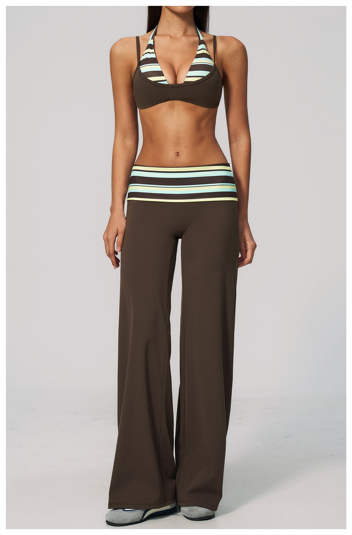 Women 2 Piece Yoga Set Halter Fake Two Piece Sports Bra and Fold Over Striped Waist Wide Leg Workout Pants