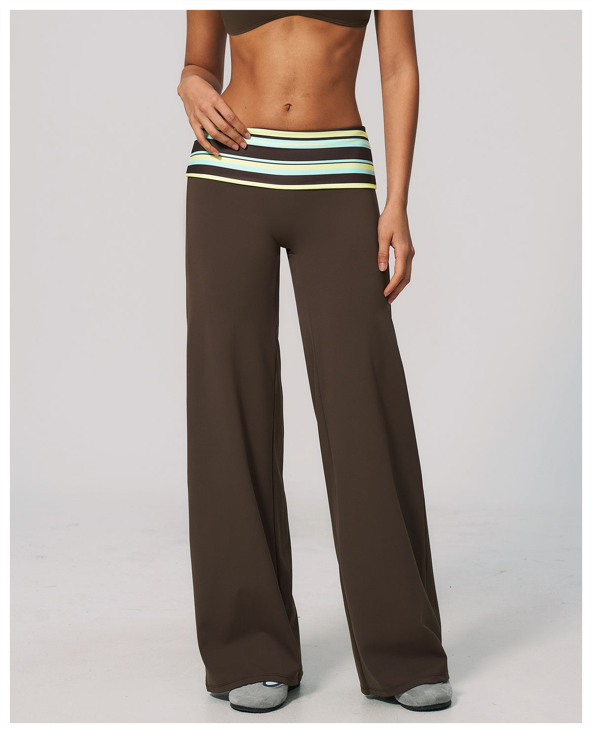 Women Fold Over Striped Waist Flare Yoga Pants High Waist Bootcut Workout Pants