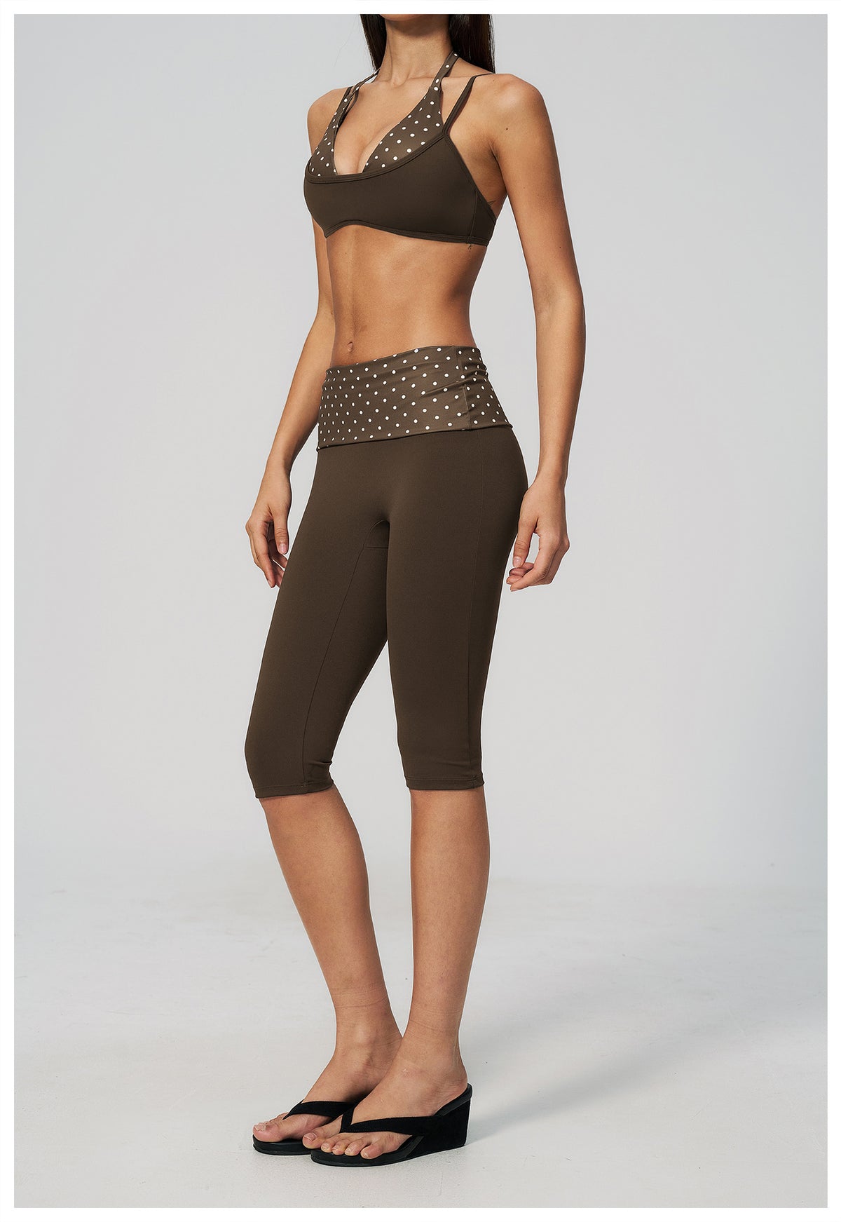 Women 2 Piece Yoga Set Halter Fake Two Piece Sports Bra and Fold Over Striped Waist Capri Yoga Leggings