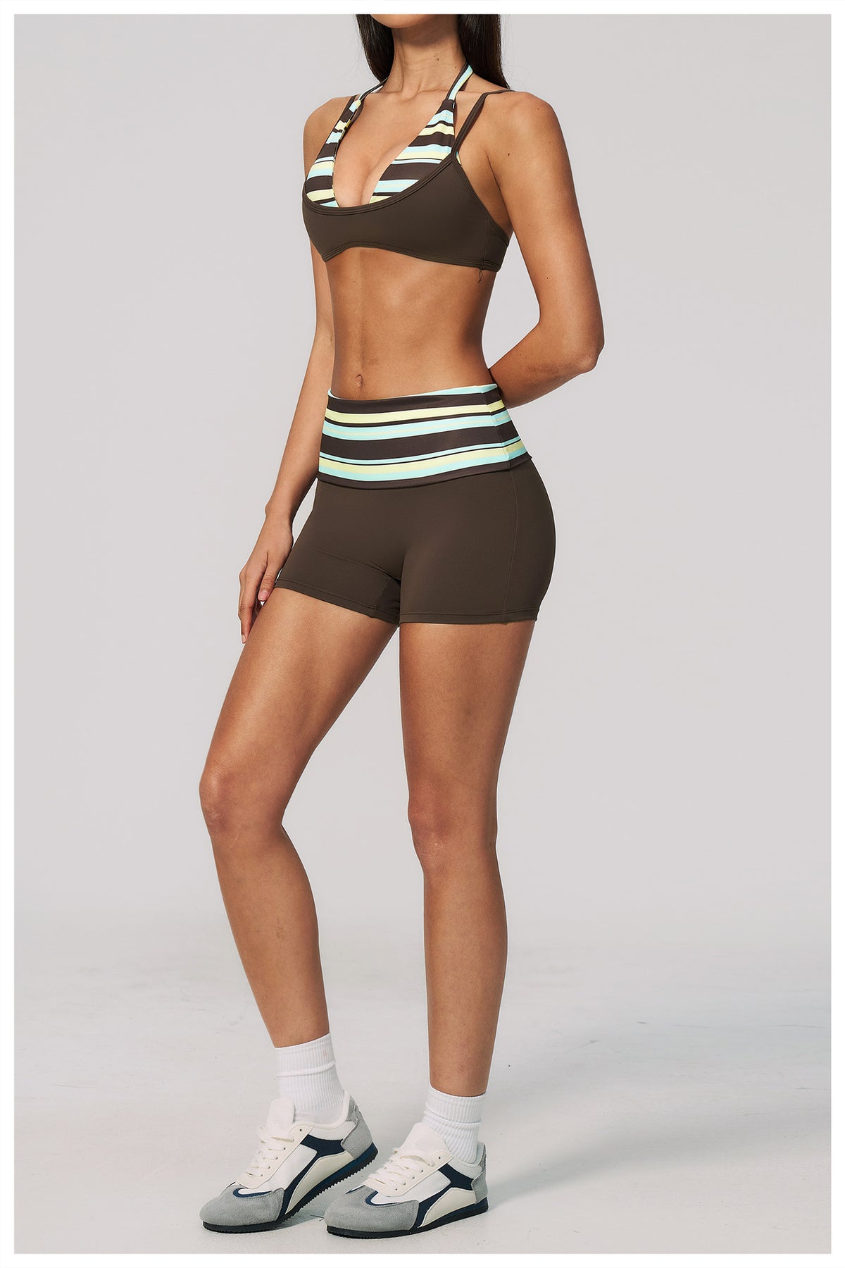 Women 2 Piece Yoga Set Halter Fake Two Piece Sports Bra and Fold Over Striped Waist Biker Shorts