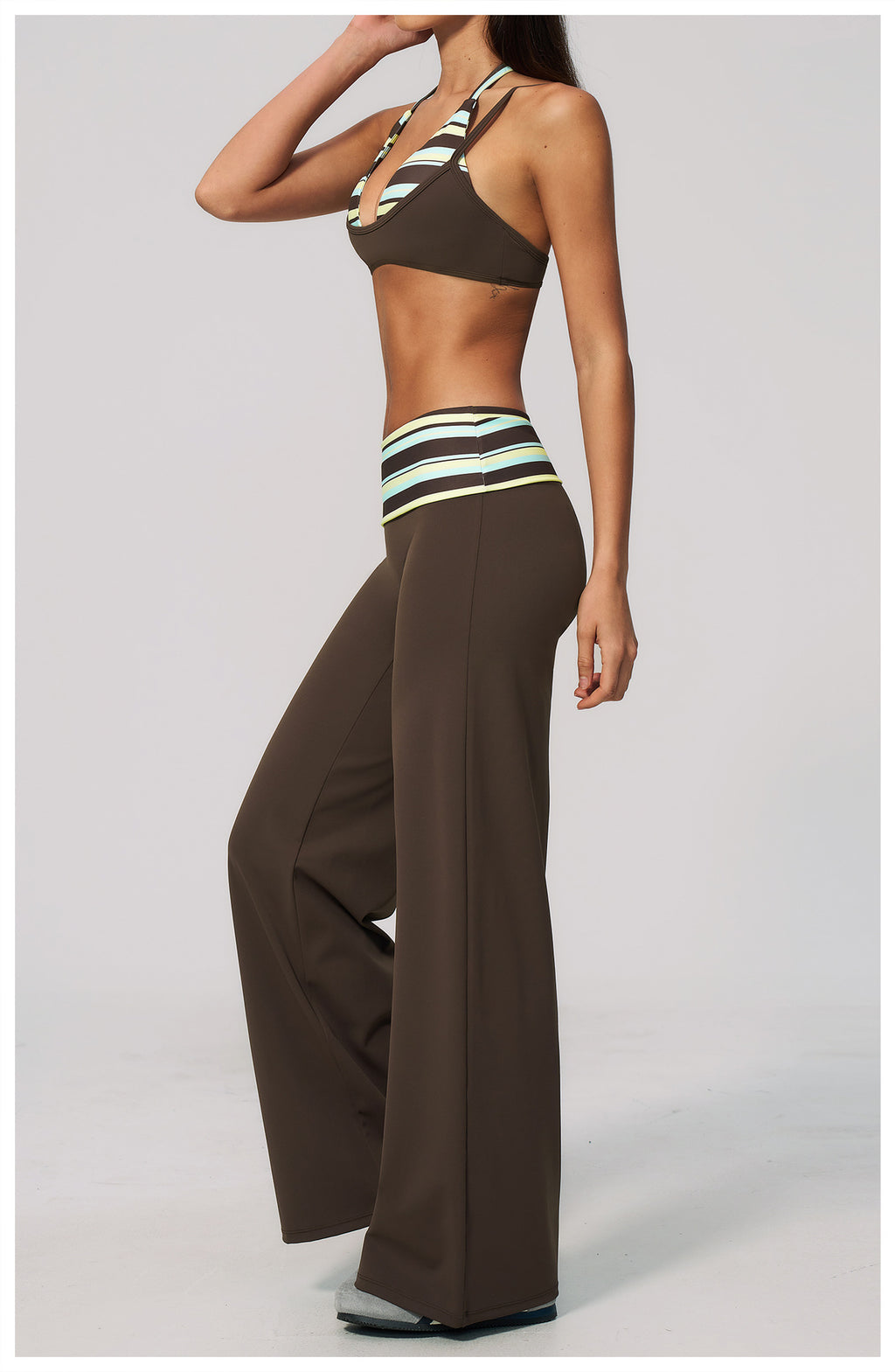 Women 2 Piece Yoga Set Halter Fake Two Piece Sports Bra and Fold Over Striped Waist Wide Leg Workout Pants