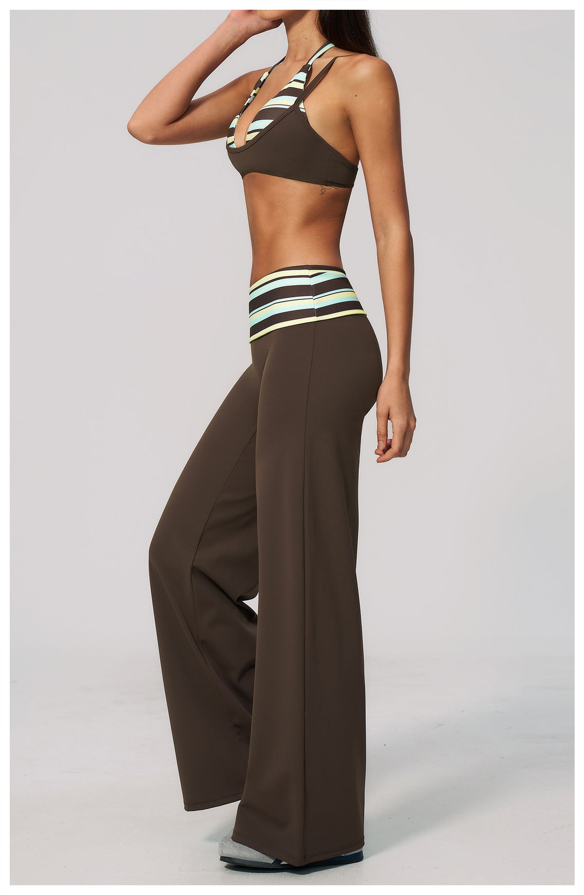 Women 2 Piece Yoga Set Halter Fake Two Piece Sports Bra and Fold Over Striped Waist Wide Leg Workout Pants