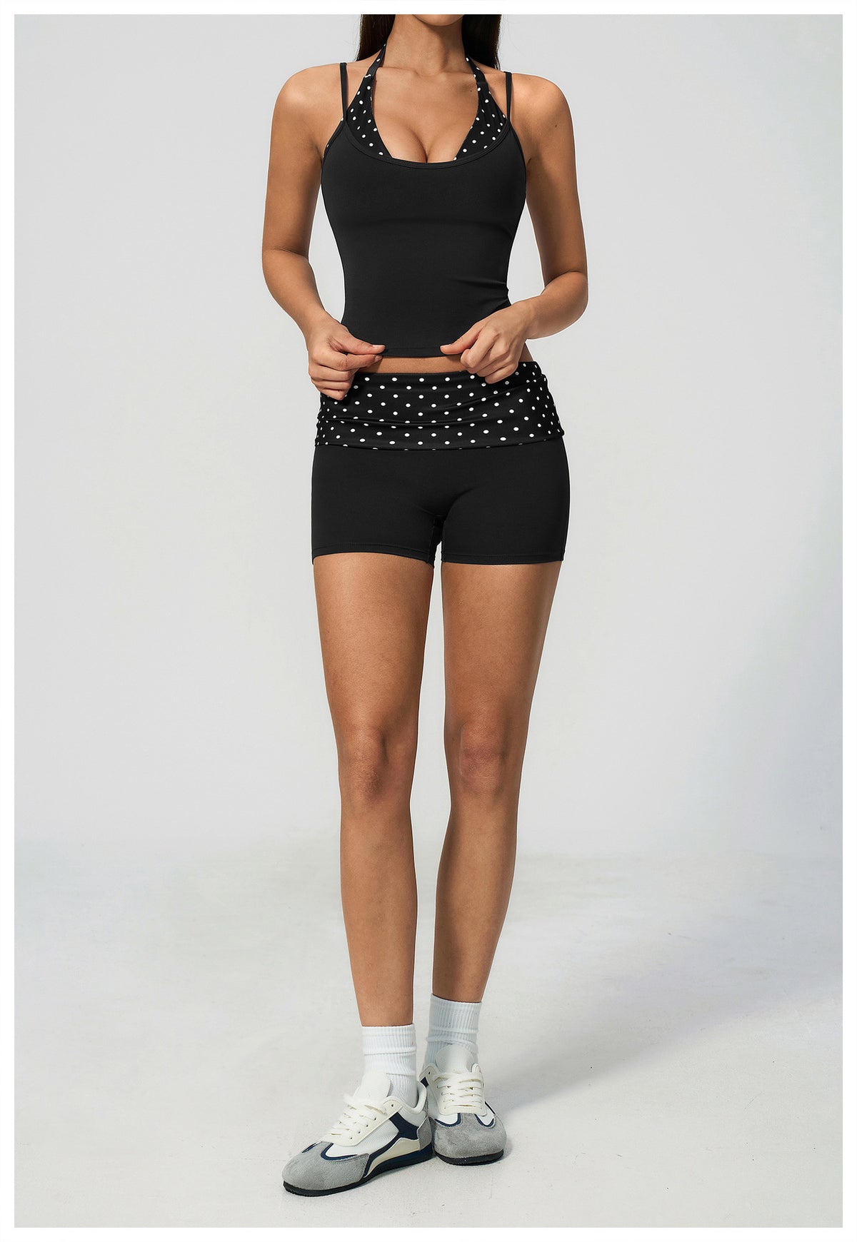 Women 2 Piece Yoga Set Halter Fake Two Piece Yoga Vest and Fold Over Striped Waist Biker Shorts