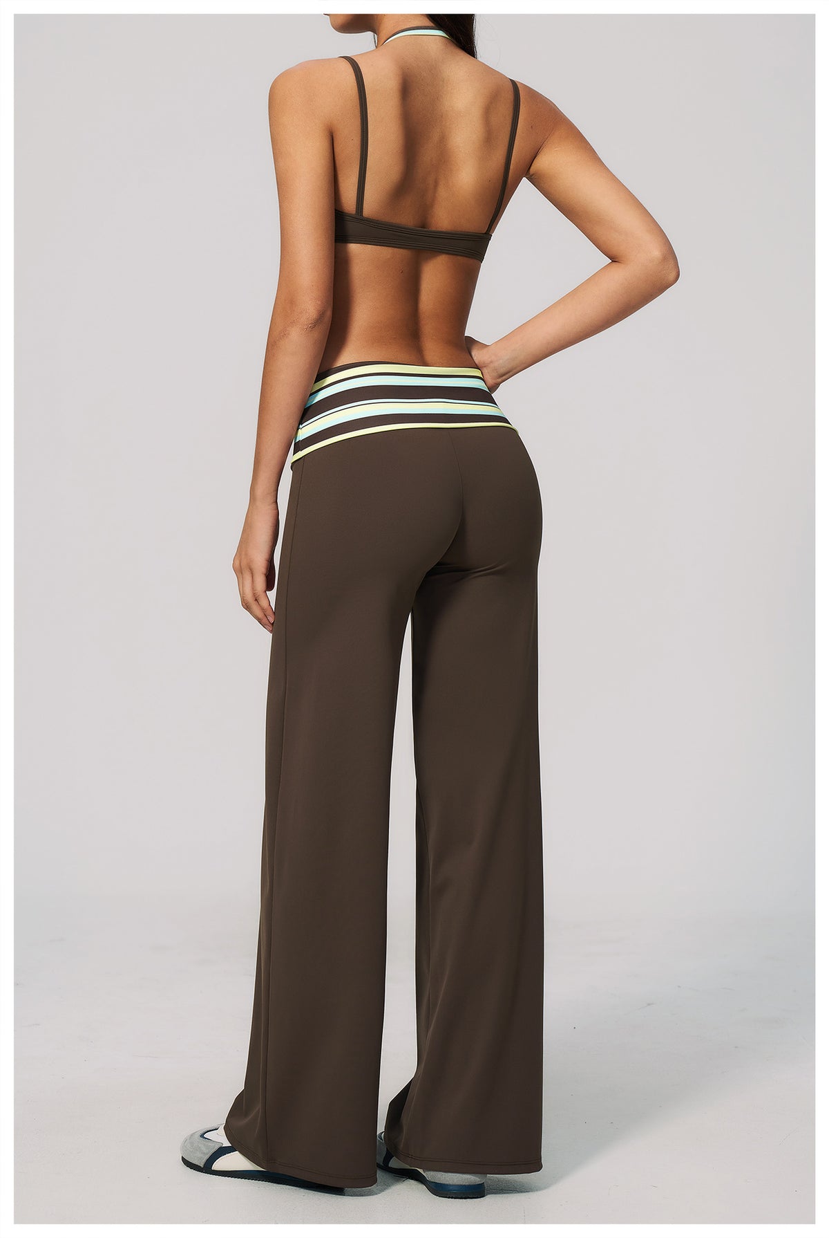 Women 2 Piece Yoga Set Halter Fake Two Piece Sports Bra and Fold Over Striped Waist Wide Leg Workout Pants
