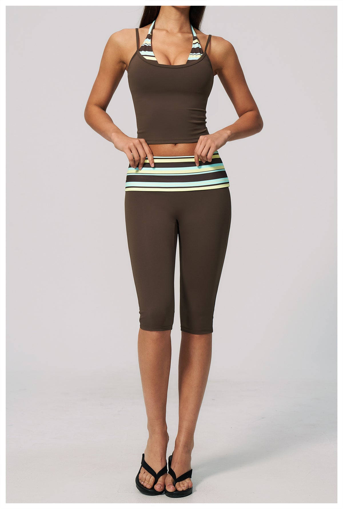 Women 2 Piece Yoga Set Halter Fake Two Piece Yoga Vest and Fold Over Striped Waist Capri Yoga Leggings