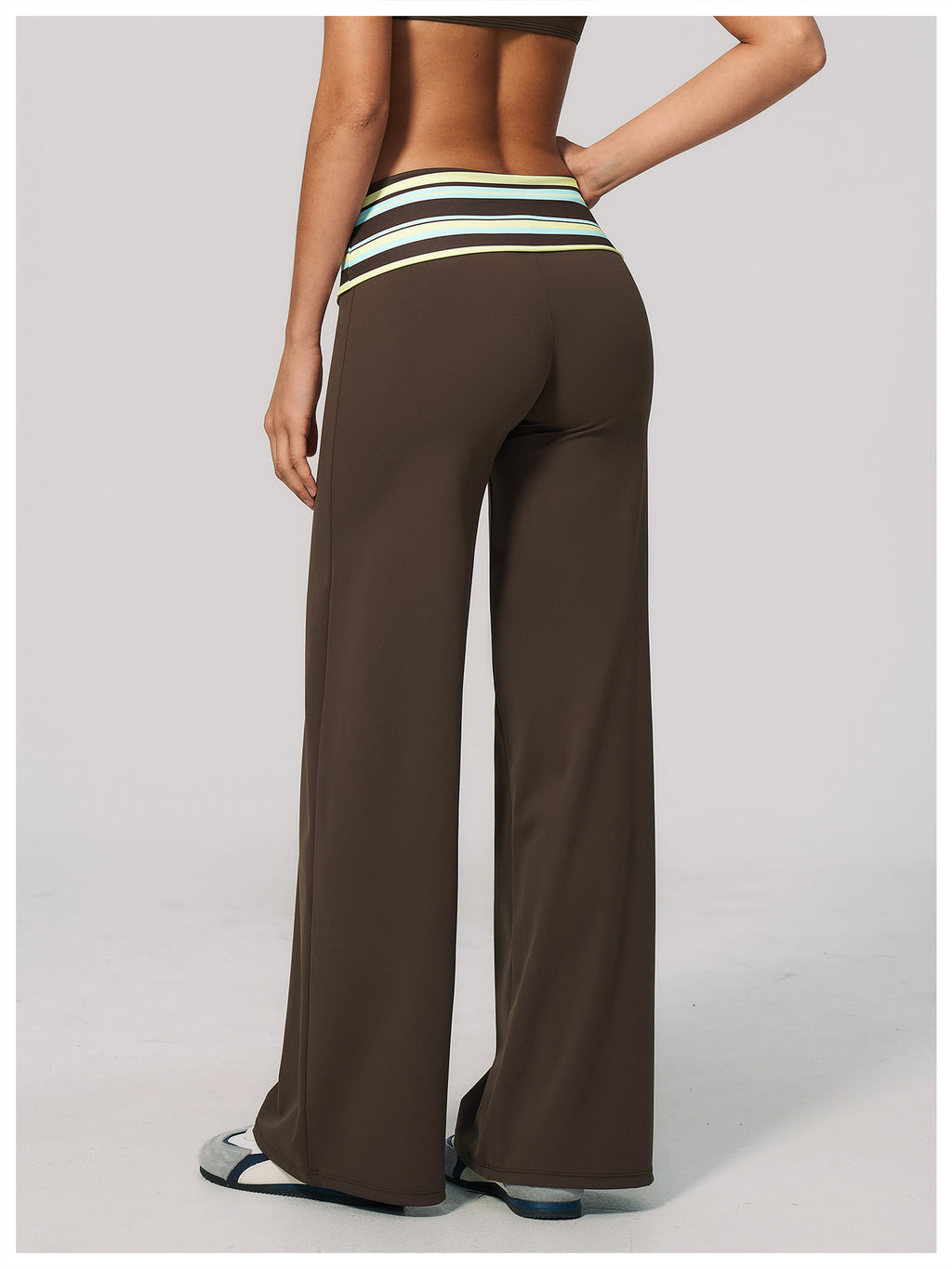 Women Fold Over Striped Waist Flare Yoga Pants High Waist Bootcut Workout Pants