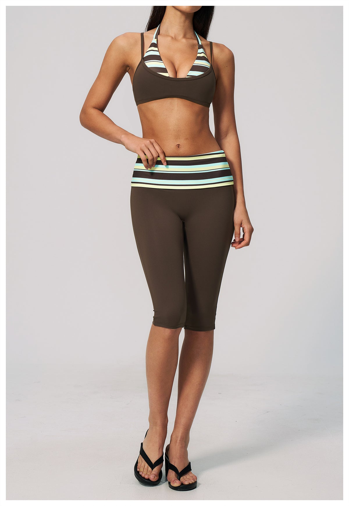 Women 2 Piece Yoga Set Halter Fake Two Piece Sports Bra and Fold Over Striped Waist Capri Yoga Leggings
