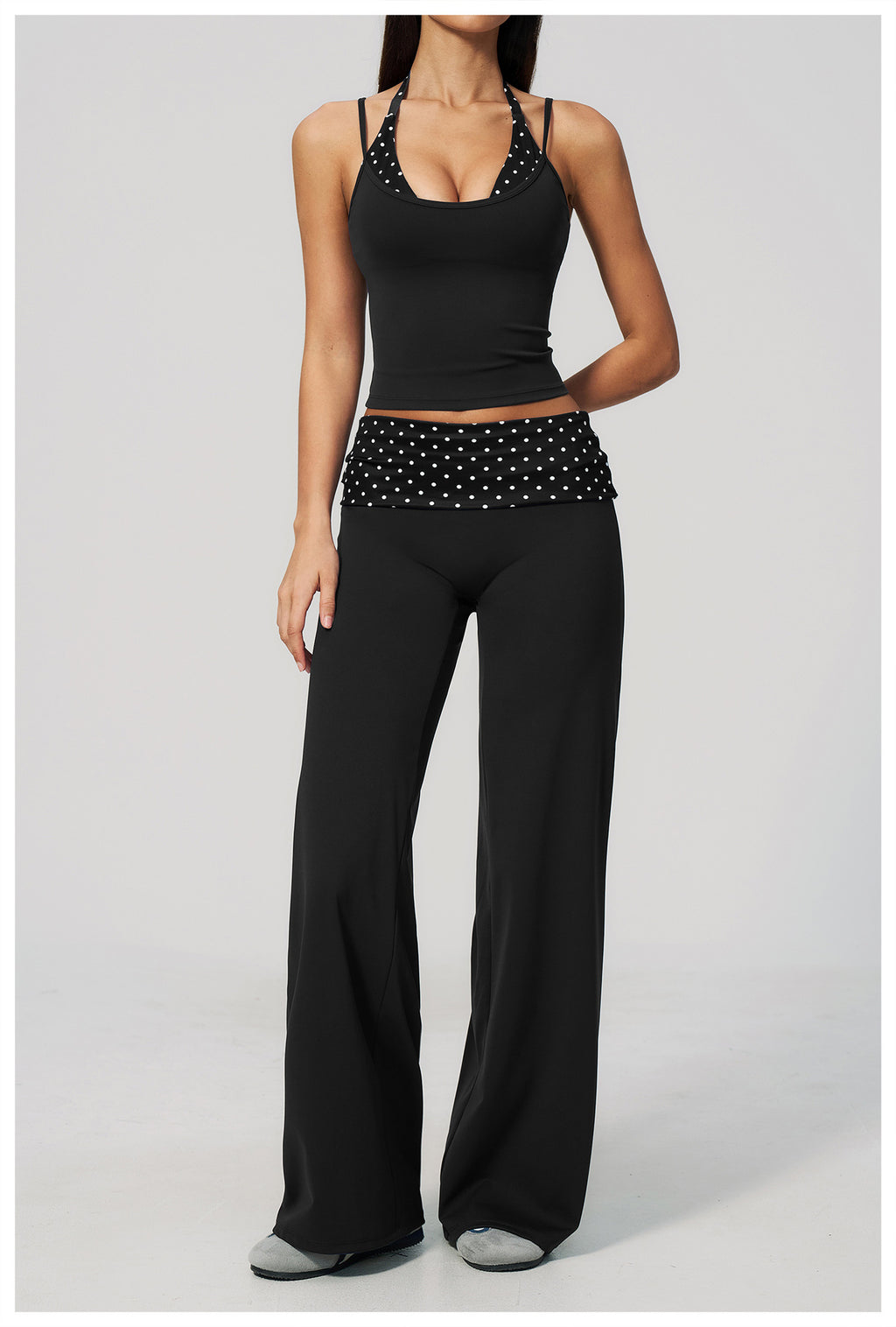 Women 2 Piece Yoga Set Halter Fake Two Piece Yoga Vest and Fold Over Striped Waist Wide Leg Workout Pants