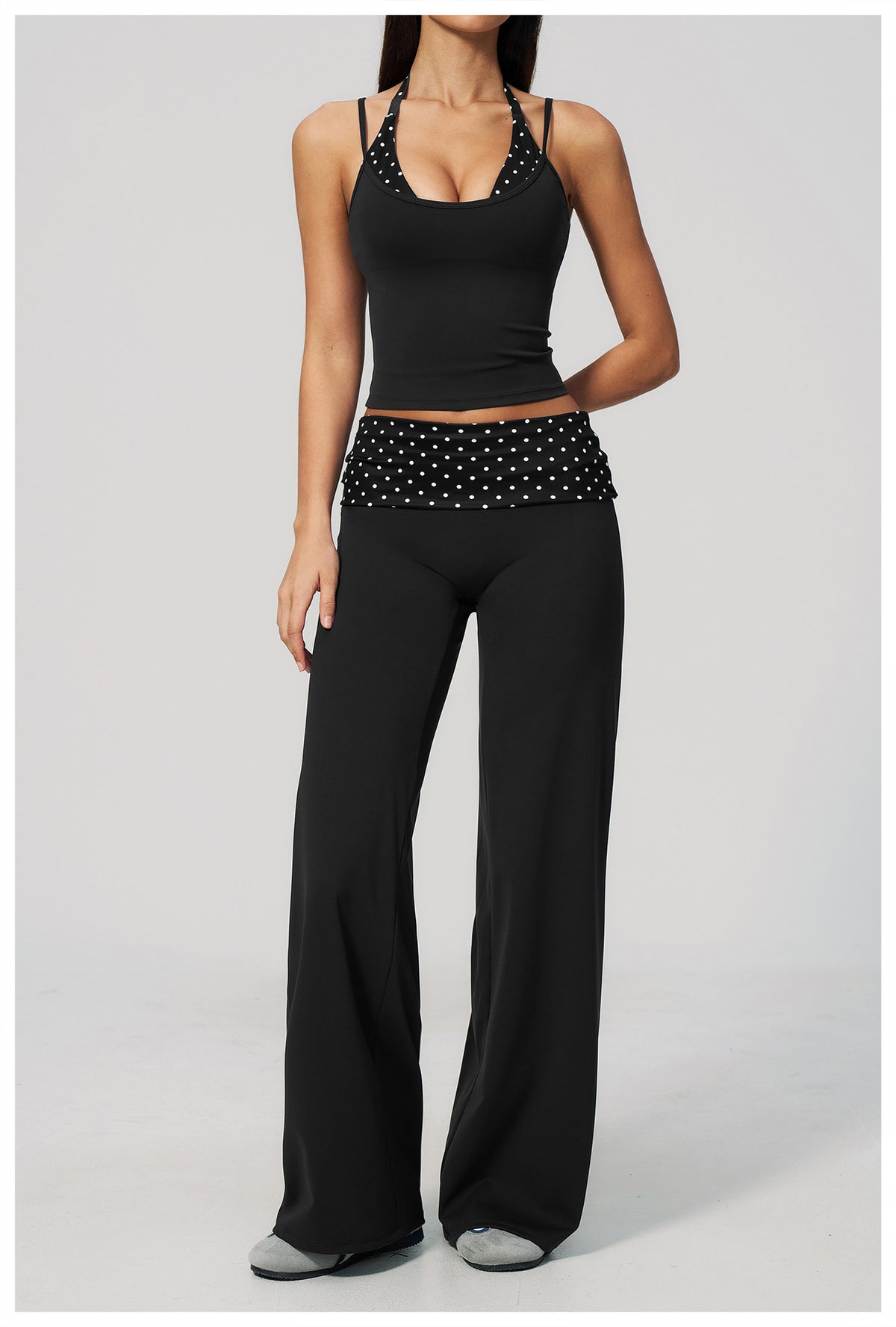 Women 2 Piece Yoga Set Halter Fake Two Piece Yoga Vest and Fold Over Striped Waist Wide Leg Workout Pants