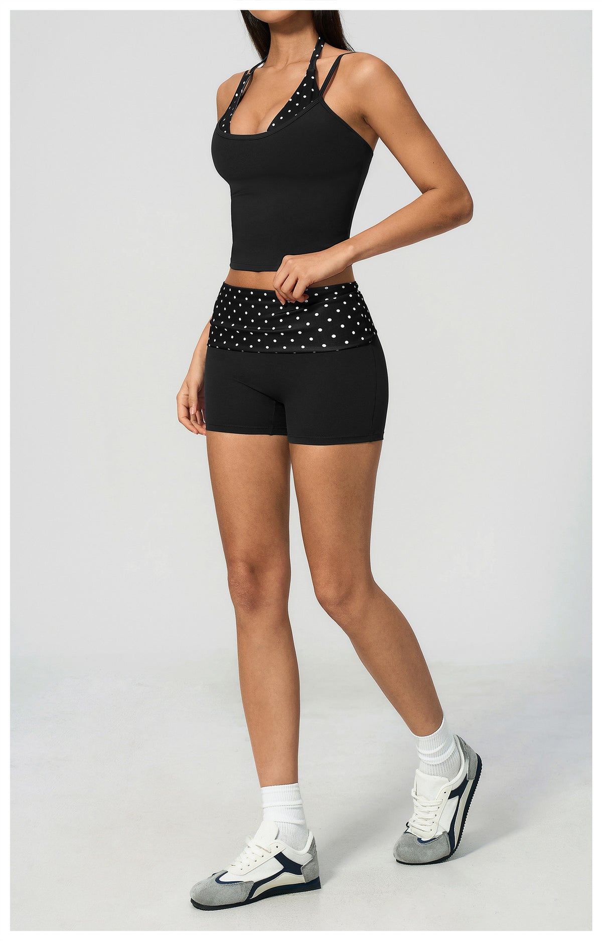 Women 2 Piece Yoga Set Halter Fake Two Piece Yoga Vest and Fold Over Striped Waist Biker Shorts