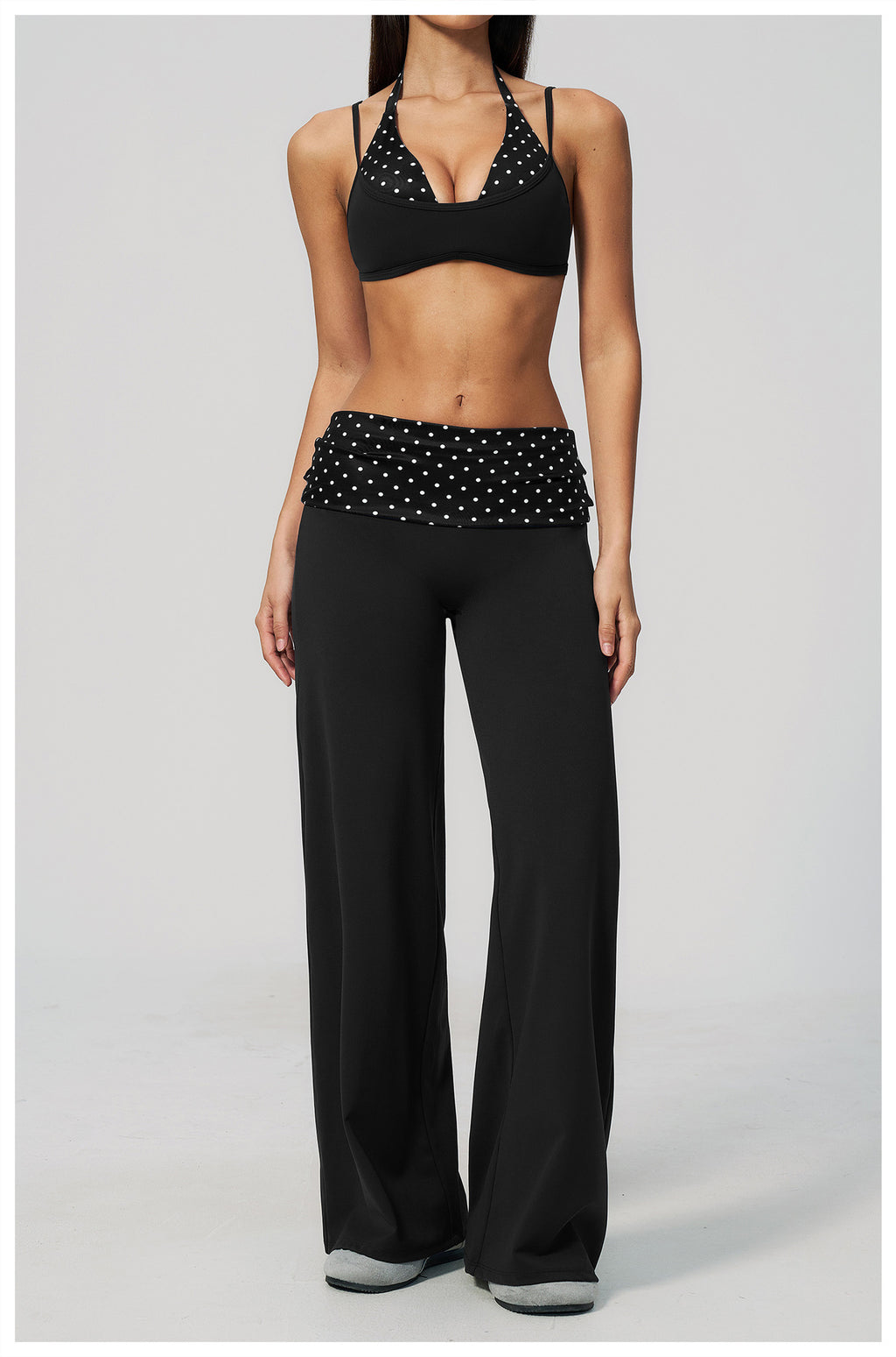 Women 2 Piece Yoga Set Halter Fake Two Piece Sports Bra and Fold Over Striped Waist Wide Leg Workout Pants