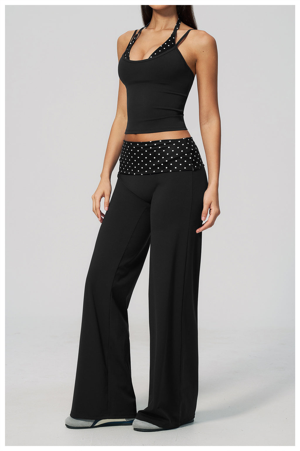 Women 2 Piece Yoga Set Halter Fake Two Piece Yoga Vest and Fold Over Striped Waist Wide Leg Workout Pants