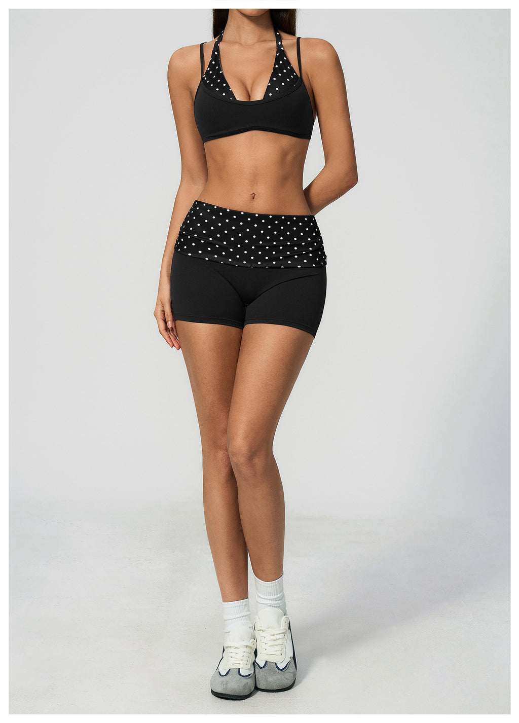 Women 2 Piece Yoga Set Halter Fake Two Piece Sports Bra and Fold Over Striped Waist Biker Shorts