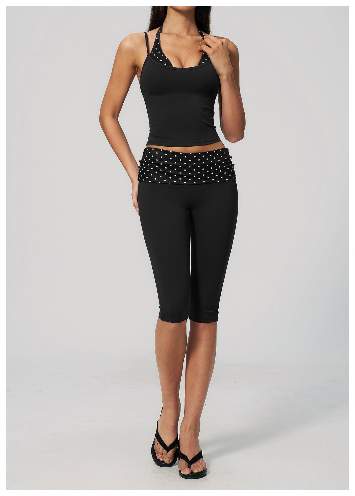 Women 2 Piece Yoga Set Halter Fake Two Piece Yoga Vest and Fold Over Striped Waist Capri Yoga Leggings