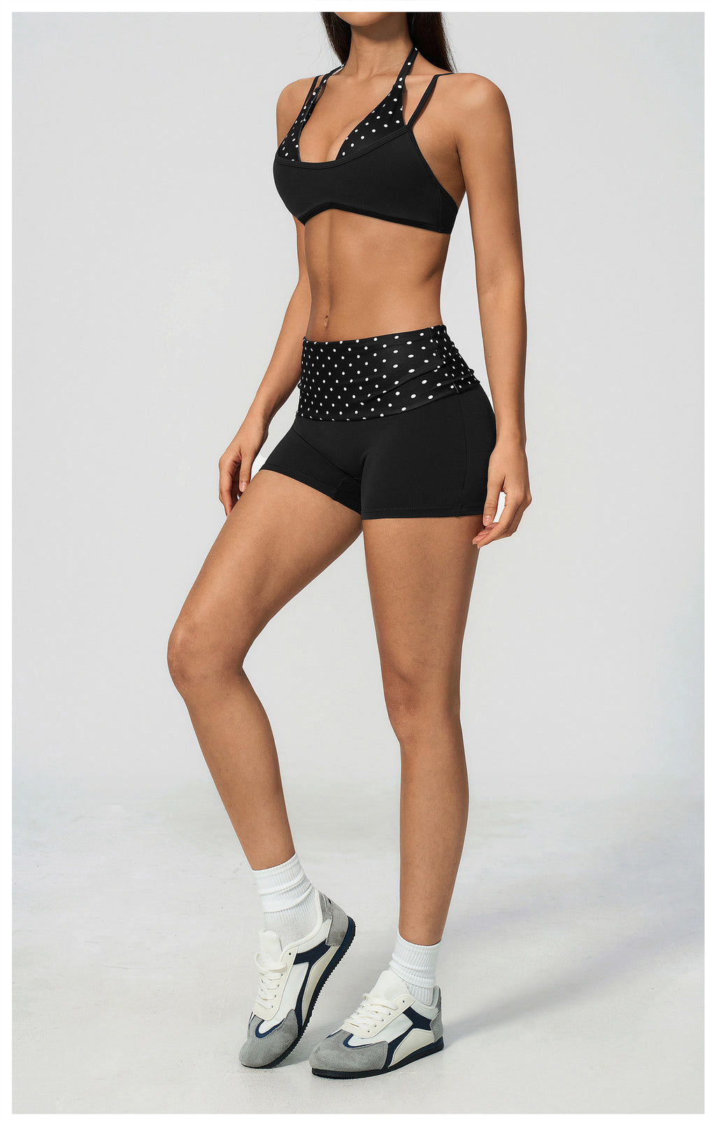 Women 2 Piece Yoga Set Halter Fake Two Piece Sports Bra and Fold Over Striped Waist Biker Shorts