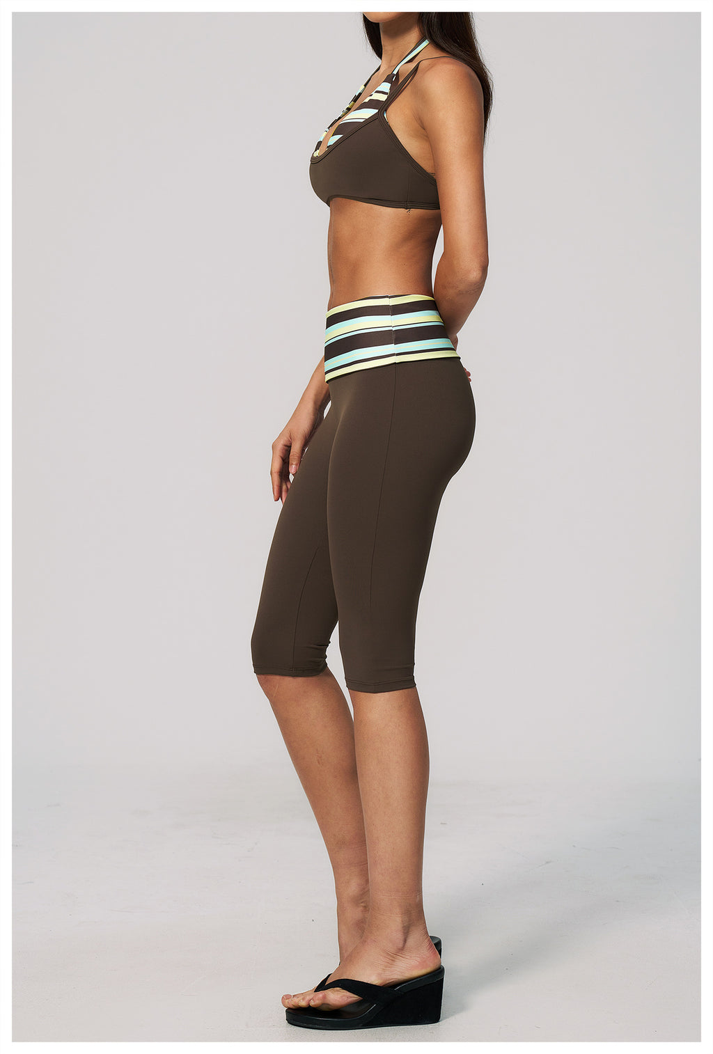 Women 2 Piece Yoga Set Halter Fake Two Piece Sports Bra and Fold Over Striped Waist Capri Yoga Leggings