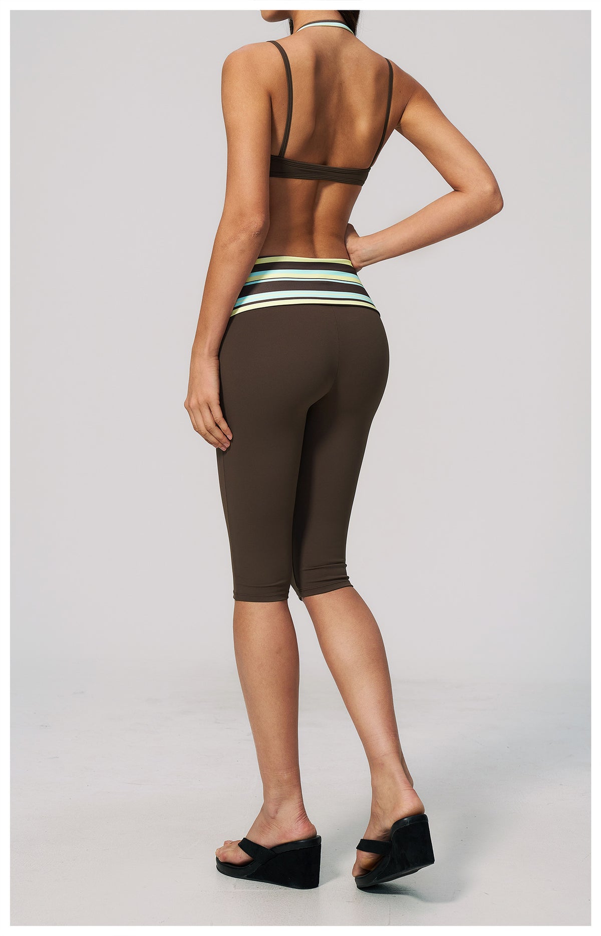Women 2 Piece Yoga Set Halter Fake Two Piece Sports Bra and Fold Over Striped Waist Capri Yoga Leggings