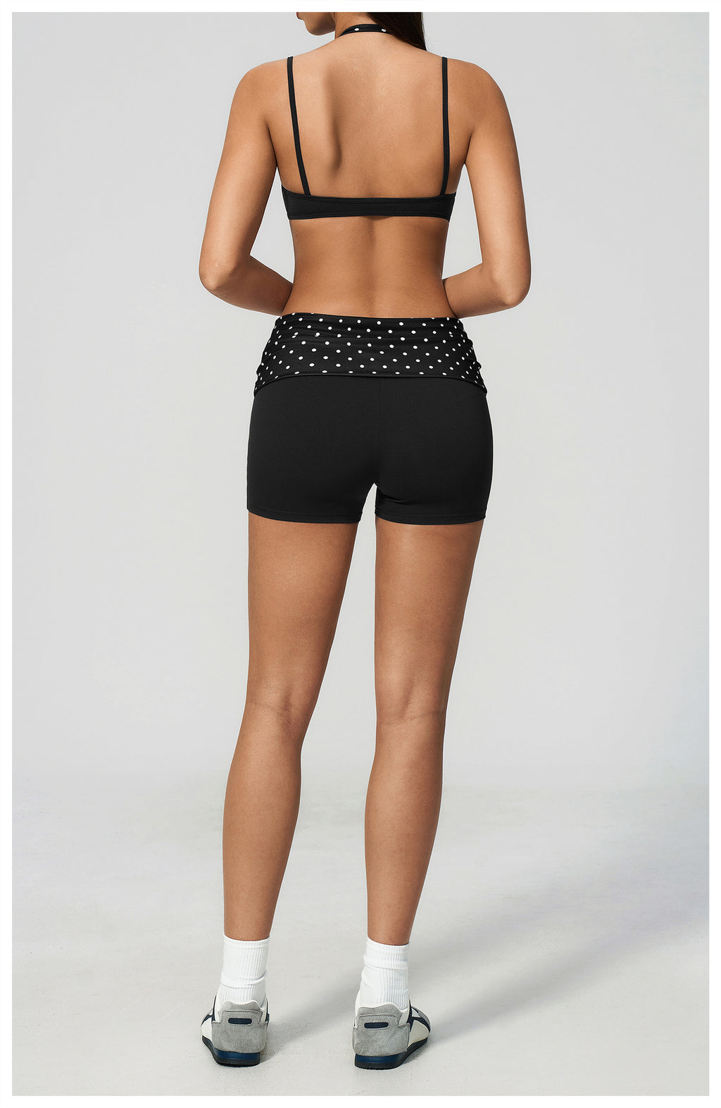 Women 2 Piece Yoga Set Halter Fake Two Piece Sports Bra and Fold Over Striped Waist Biker Shorts