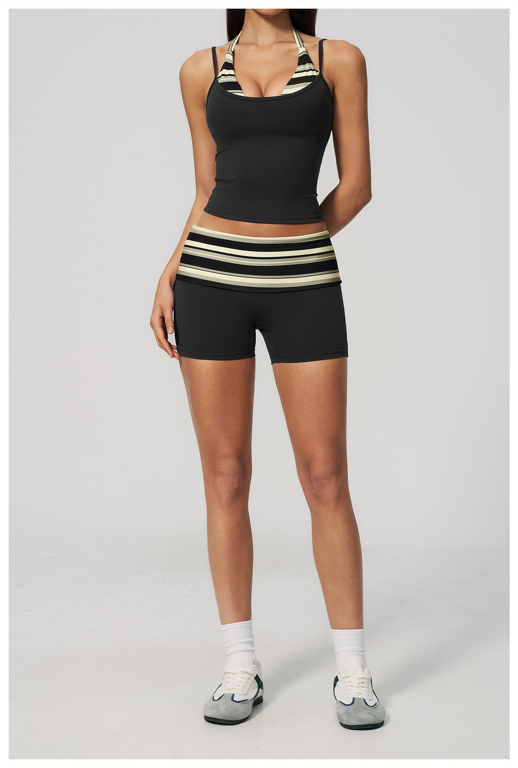 Women 2 Piece Yoga Set Halter Fake Two Piece Yoga Vest and Fold Over Striped Waist Biker Shorts